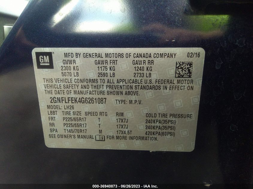 2016 CHEVROLET EQUINOX LT - 2GNFLFEK4G6261087