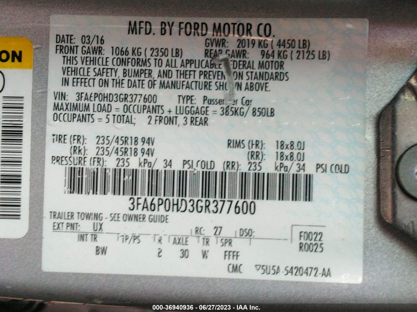 2016 FORD FUSION SE - 3FA6P0HD3GR377600