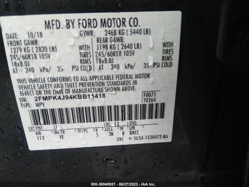 2FMPK4J94KBB11418 2019 FORD EDGE, photo no. 9