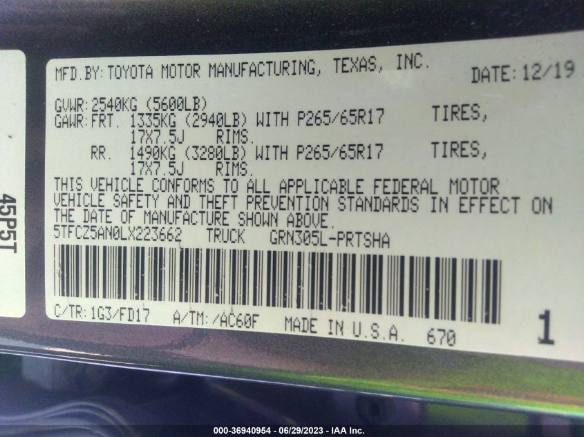 2020 TOYOTA TACOMA 4WD TRD SPORT - 5TFCZ5AN0LX223662