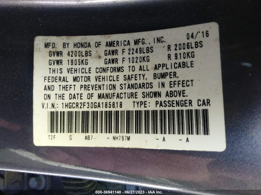 2016 HONDA ACCORD SEDAN LX - 1HGCR2F30GA185818