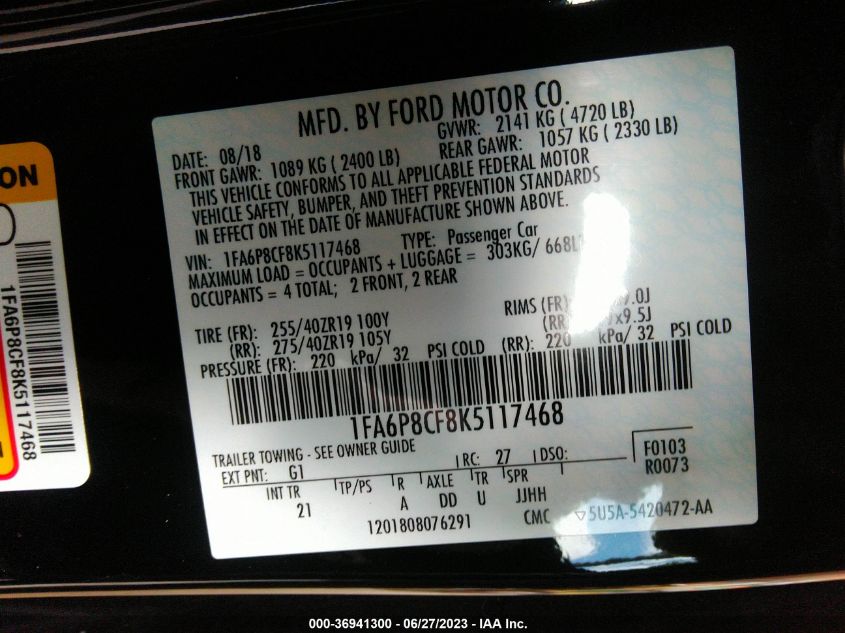 2019 FORD MUSTANG GT - 1FA6P8CF8K5117468