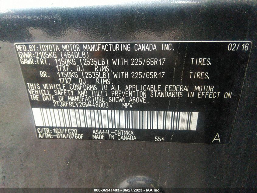2016 TOYOTA RAV4 XLE - 2T3RFREV2GW448003