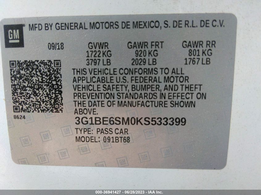 2019 CHEVROLET CRUZE LT - 3G1BE6SM0KS533399