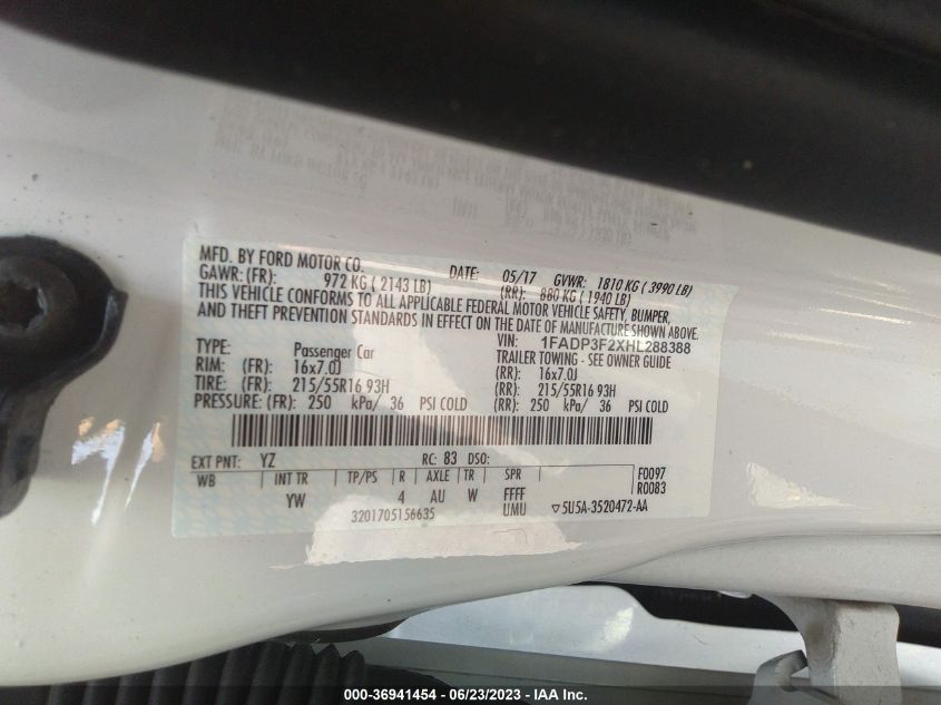 2017 FORD FOCUS SE - 1FADP3F2XHL288388
