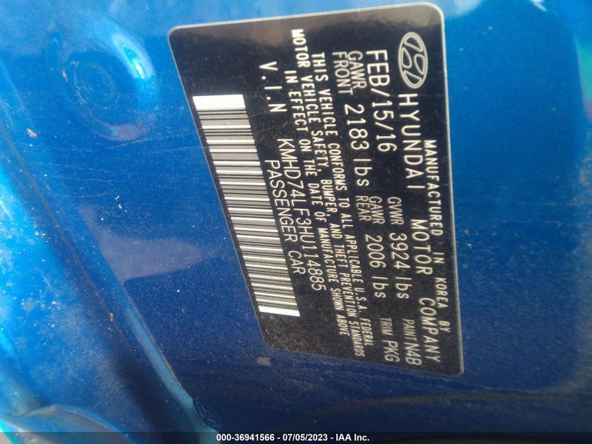 VIN KMHD74LF3HU114885 2017 HYUNDAI ELANTRA SE