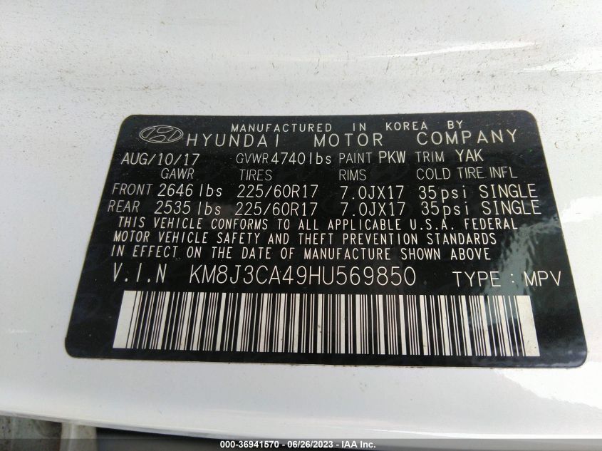 2017 HYUNDAI TUCSON LIMITED/SPORT AND ECO/SE - KM8J3CA49HU569850