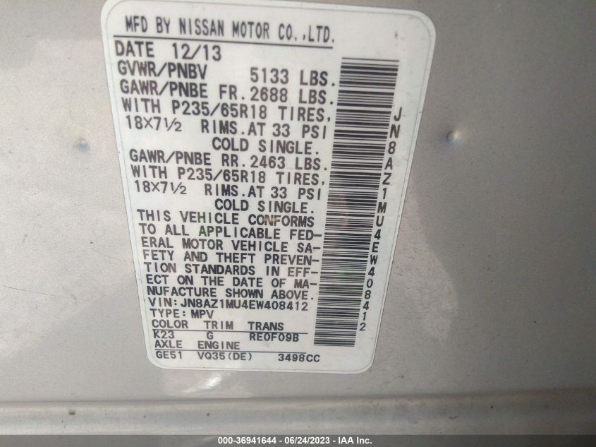 2014 NISSAN MURANO S/SV/SL/LE - JN8AZ1MU4EW408412