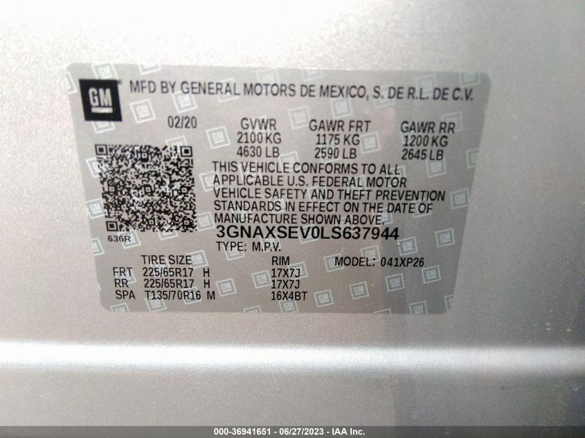 2020 CHEVROLET EQUINOX LS - 3GNAXSEV0LS637944