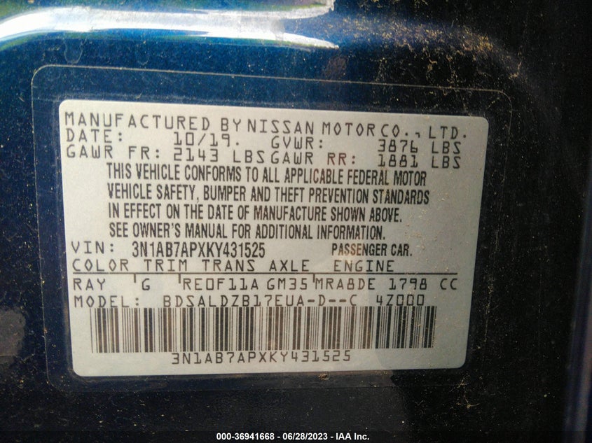 VIN 3N1AB7APXKY431525 2019 NISSAN SENTRA SV