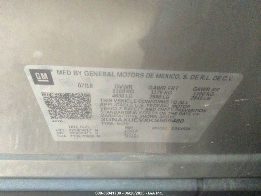 2019 CHEVROLET EQUINOX LT - 3GNAXUEVXKS509480
