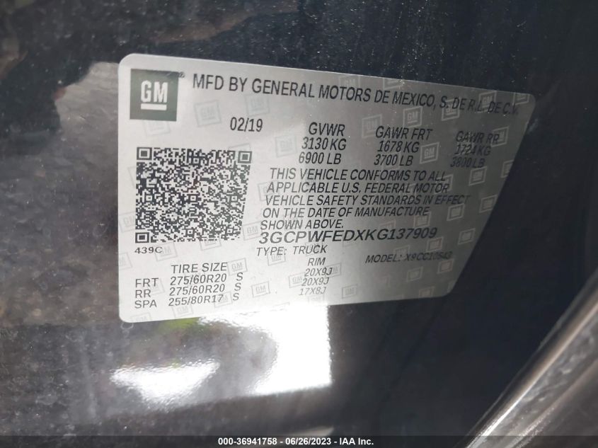 2019 CHEVROLET SILVERADO 1500 HIGH COUNTRY - 3GCPWFEDXKG137909