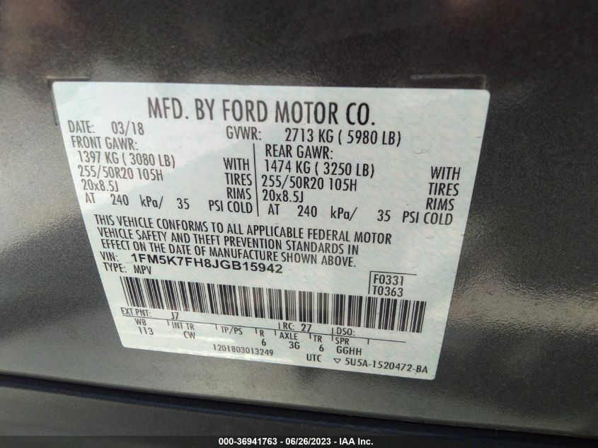 2018 FORD EXPLORER LIMITED - 1FM5K7FH8JGB15942