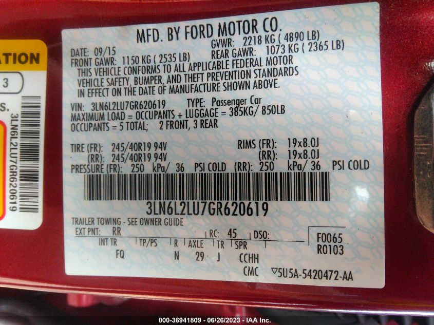 2016 LINCOLN MKZ HYBRID - 3LN6L2LU7GR620619