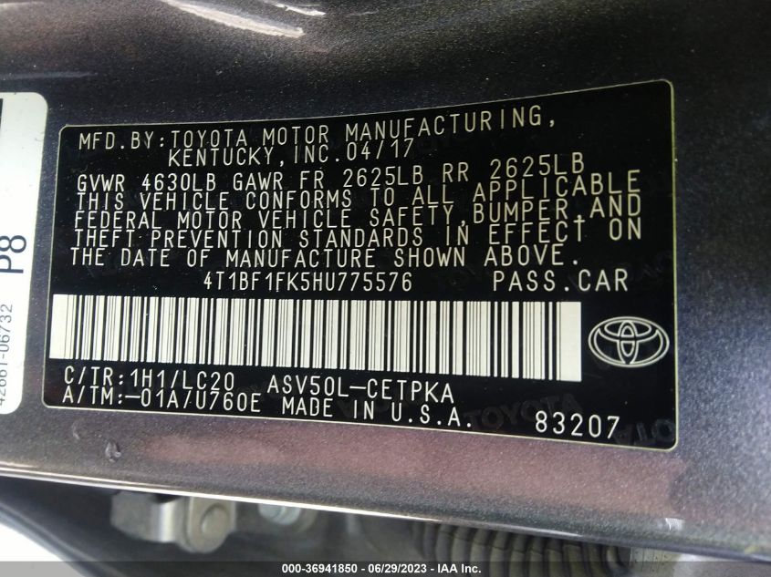 2017 TOYOTA CAMRY XLE/SE/LE/XSE - 4T1BF1FK5HU775576