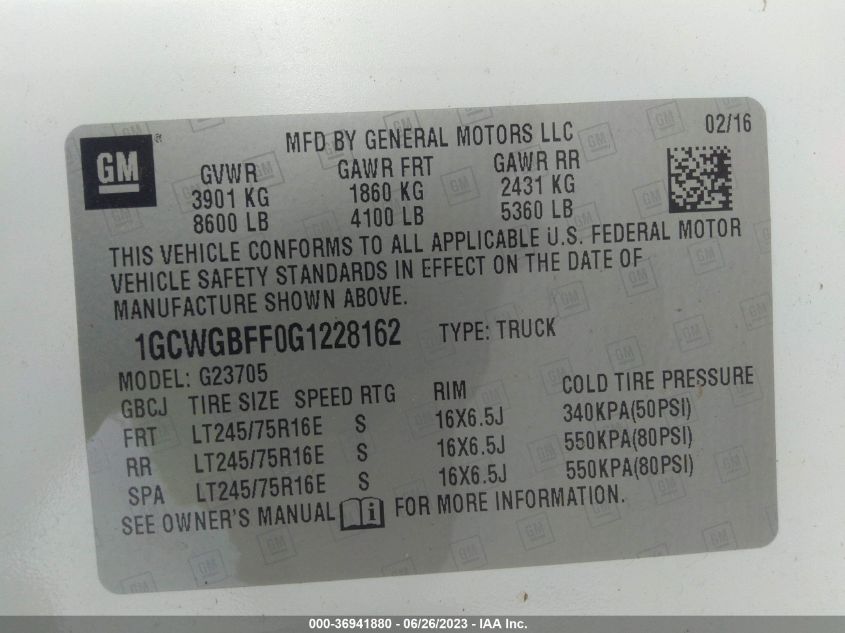 2016 CHEVROLET EXPRESS CARGO VAN - 1GCWGBFF0G1228162
