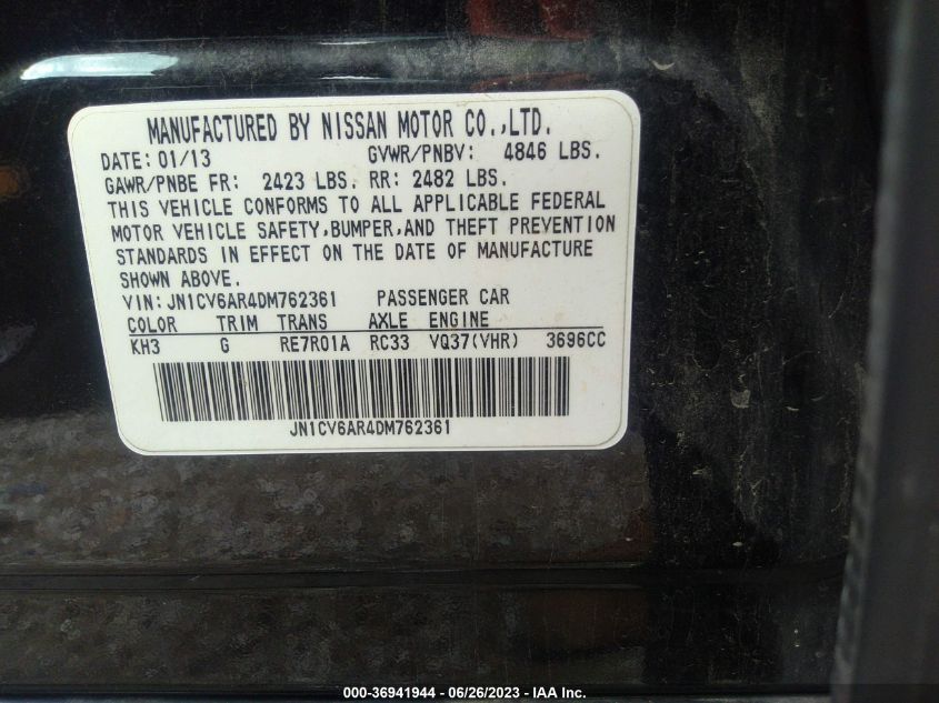 2013 INFINITI G37X JN1CV6AR4DM762361