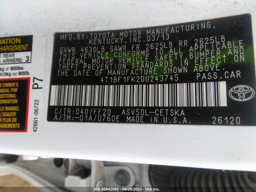 2013 TOYOTA CAMRY L/SE/LE/XLE - 04T1BF1FK2DU24374