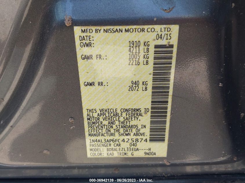 2015 NISSAN ALTIMA 2.5/S/SV/SL - 1N4AL3AP6FC425874