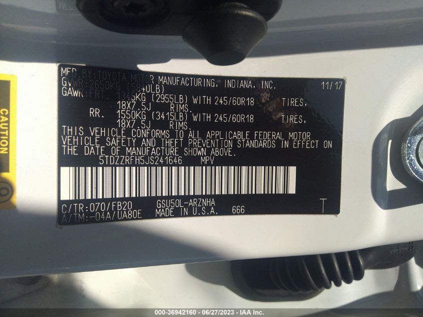 2018 TOYOTA HIGHLANDER LE - 5TDZZRFH5JS241646