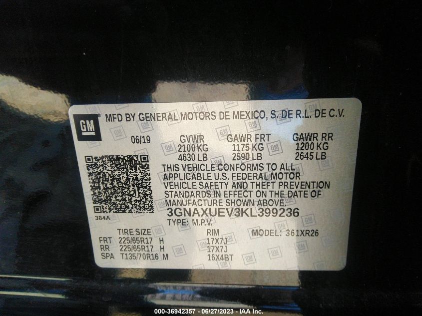 2019 CHEVROLET EQUINOX LT - 3GNAXUEV3KL399236