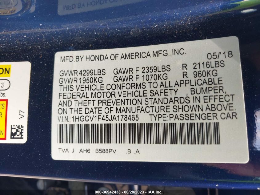 2018 HONDA ACCORD SEDAN EX 1.5T - 1HGCV1F45JA178465