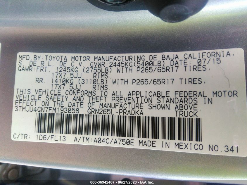 2015 TOYOTA TACOMA PRERUNNER - 3TMJU4GN7FM193058