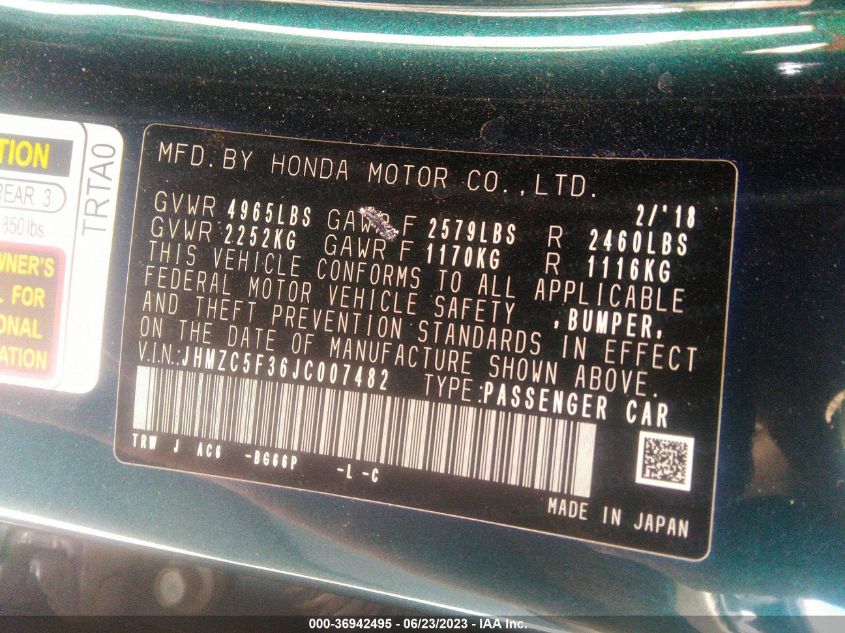 2018 HONDA CLARITY PLUG-IN HYBRID TOURING JHMZC5F36JC007482