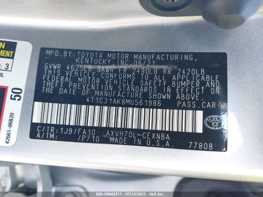 2021 TOYOTA CAMRY HYBRID LE - 4T1C31AK8MU561986