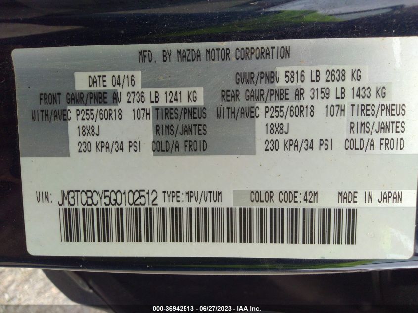 2016 MAZDA CX-9 TOURING - JM3TCBCY5G0102512