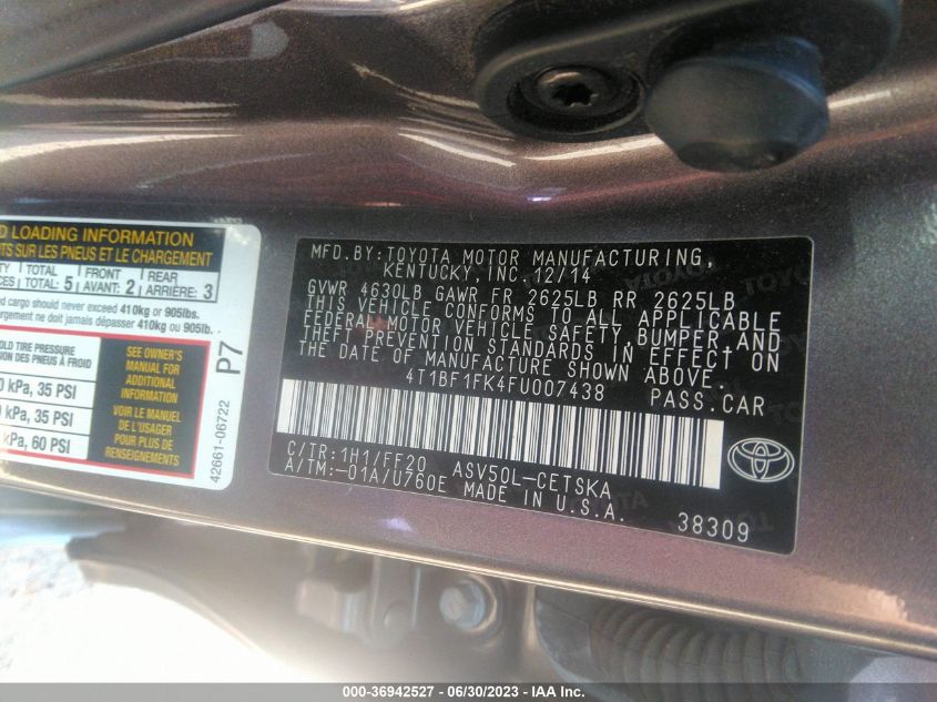 2015 TOYOTA CAMRY XLE/SE/LE/XSE - 4T1BF1FK4FU007438