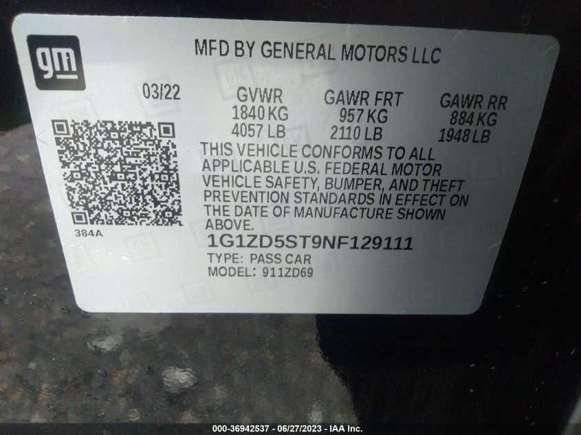2022 CHEVROLET MALIBU LT - 1G1ZD5ST9NF129111
