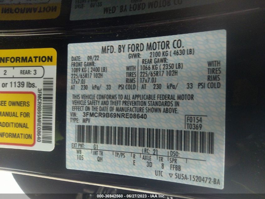 2022 FORD BRONCO SPORT BIG BEND - 3FMCR9B69NRE08640