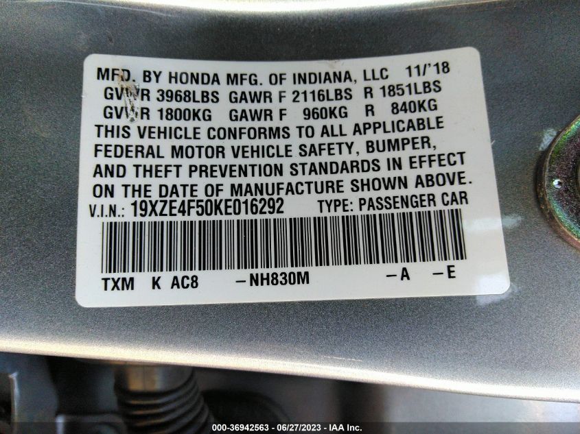 2019 HONDA INSIGHT EX - 19XZE4F50KE016292
