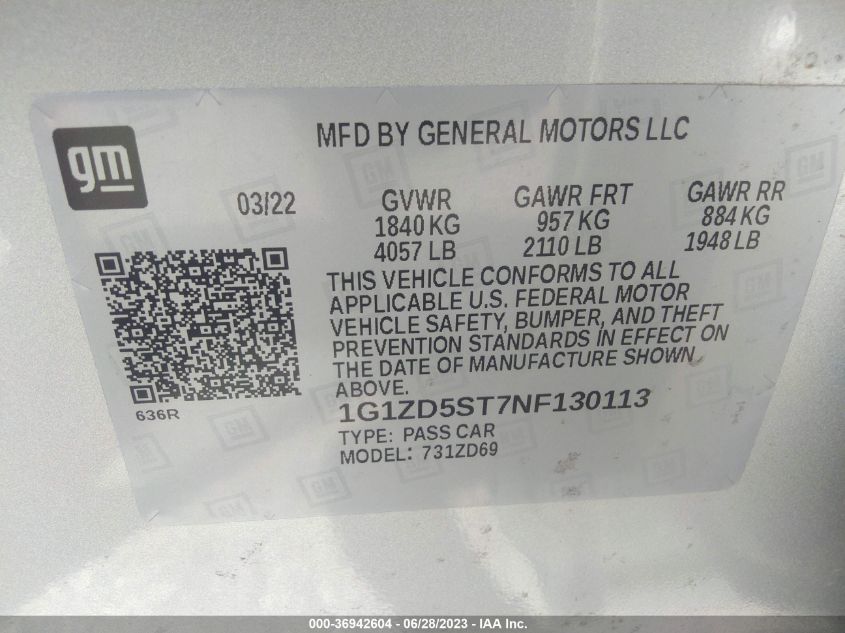 2022 CHEVROLET MALIBU LT - 1G1ZD5ST7NF130113
