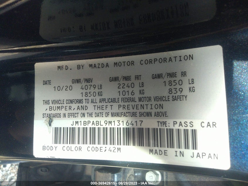 VIN JM1BPABL9M1316417 2021 MAZDA MAZDA3 SEDAN SELECT