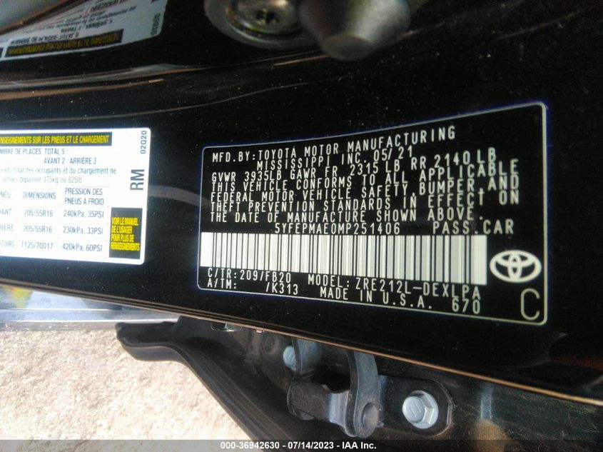 2021 TOYOTA COROLLA LE - 5YFEPMAE0MP251406