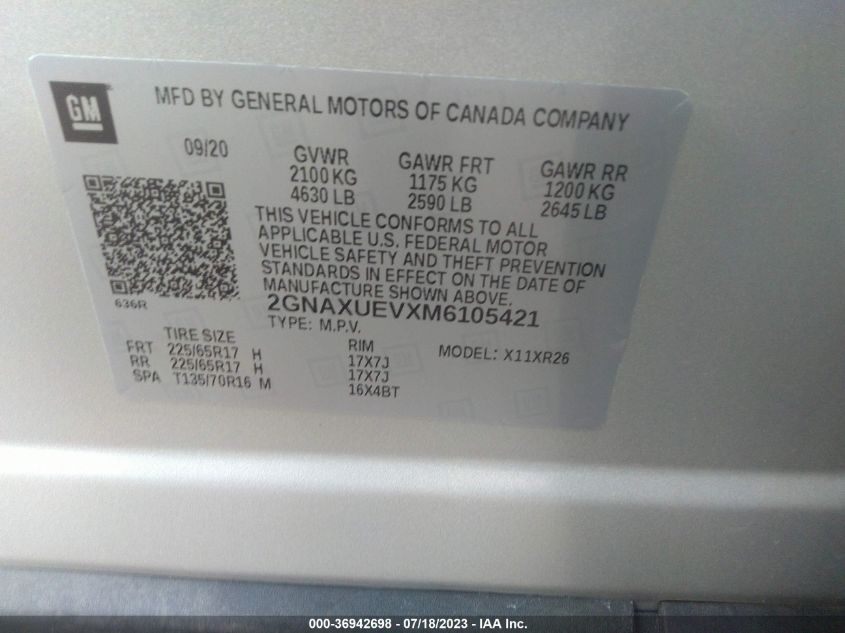 2021 CHEVROLET EQUINOX LT - 2GNAXUEVXM6105421