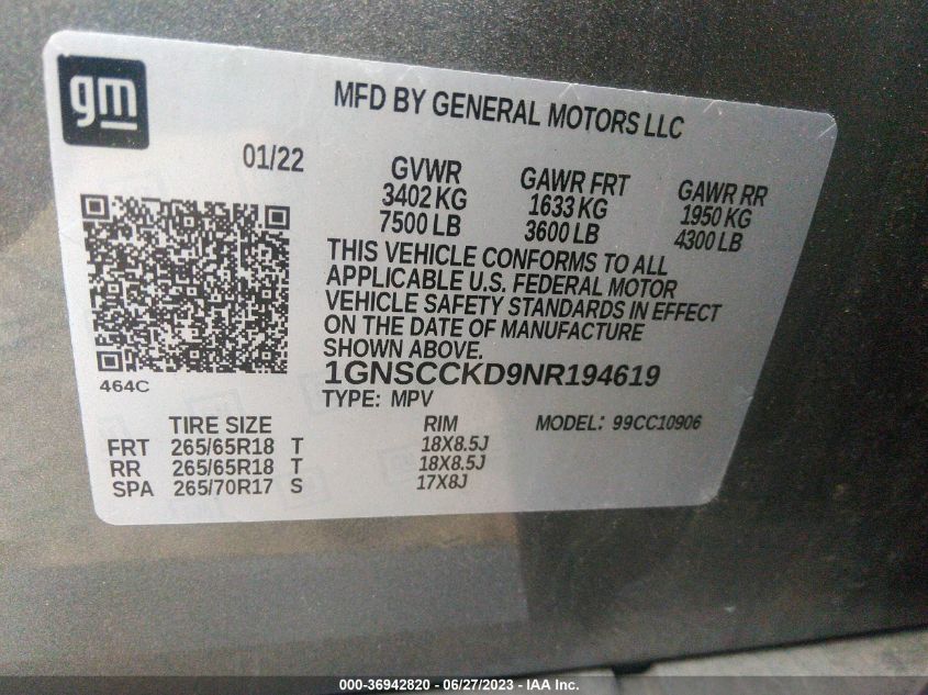 2022 CHEVROLET SUBURBAN C1500 LT - 1GNSCCKD9NR194619