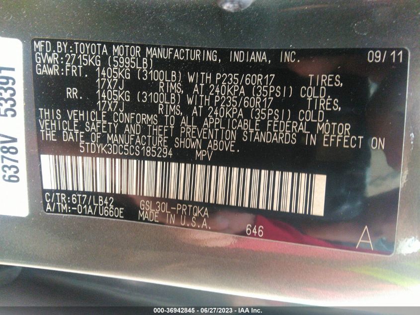 5TDYK3DC5CS185294 2012 TOYOTA SIENNA, photo no. 9