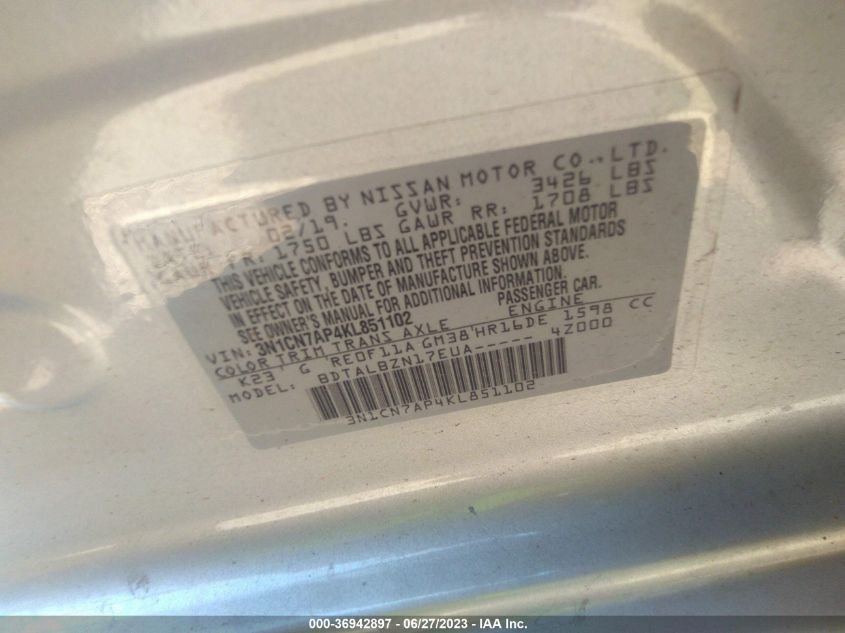 2019 NISSAN VERSA SEDAN SV - 3N1CN7AP4KL851102