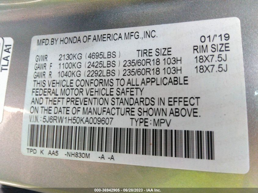 2019 HONDA CR-V EX - 5J6RW1H50KA009607