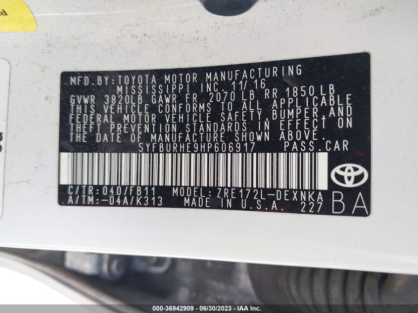2017 TOYOTA COROLLA L/LE/XLE/SE - 5YFBURHE9HP606917