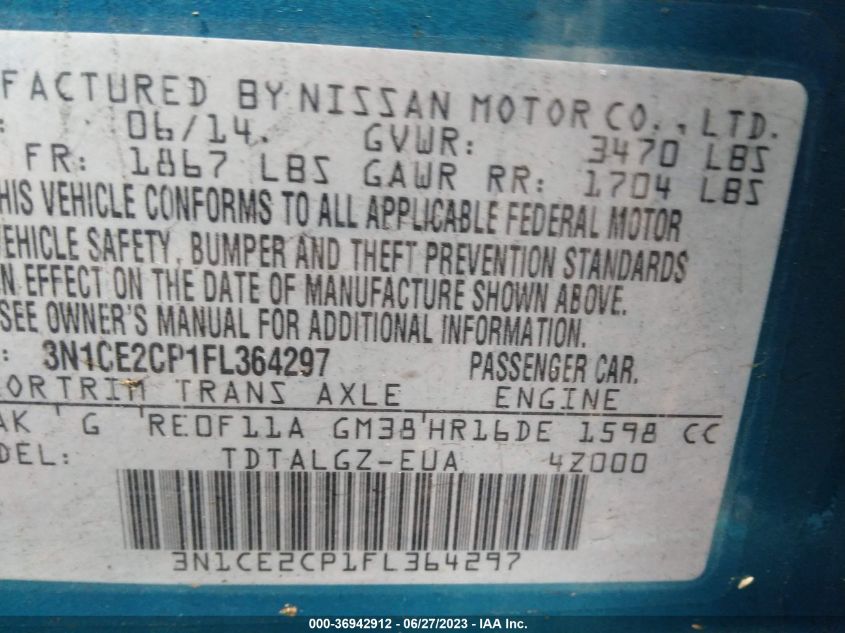 2015 NISSAN VERSA NOTE S/S PLUS/SV/SL/SR - 3N1CE2CP1FL364297