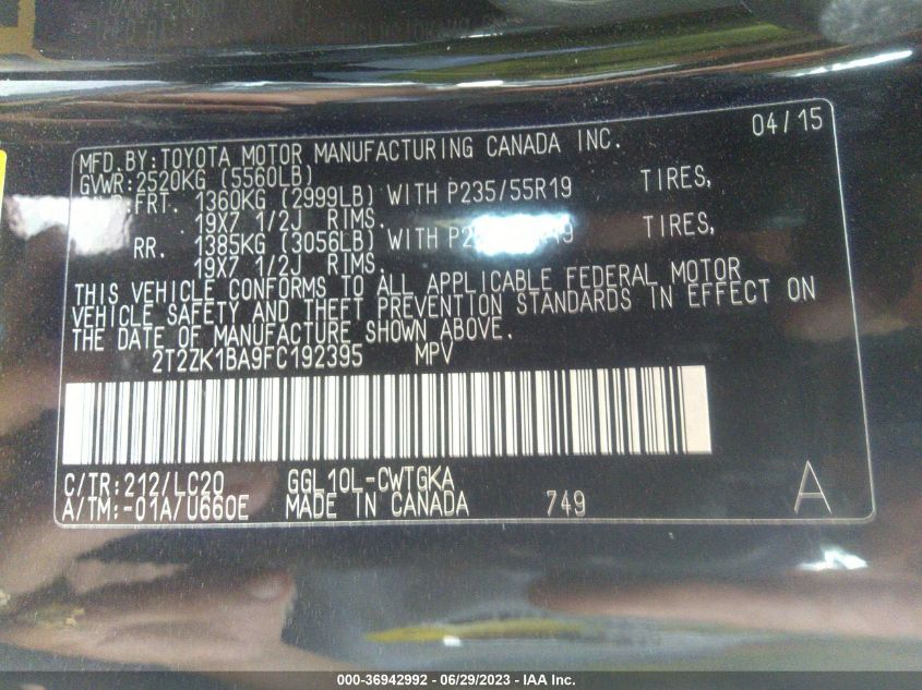 2015 LEXUS RX 350 - 2T2ZK1BA9FC192395