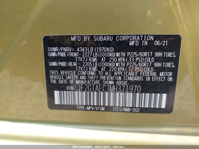 2021 SUBARU CROSSTREK PREMIUM - JF2GTAEC3MH371970