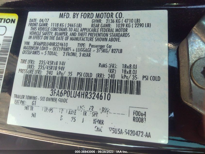 2017 FORD FUSION HYBRID SE - 3FA6P0LU4HR324610