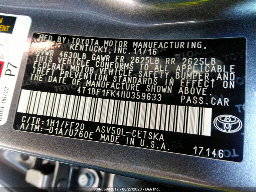 2017 TOYOTA CAMRY XLE/SE/LE/XSE - 4T1BF1FK4HU359633