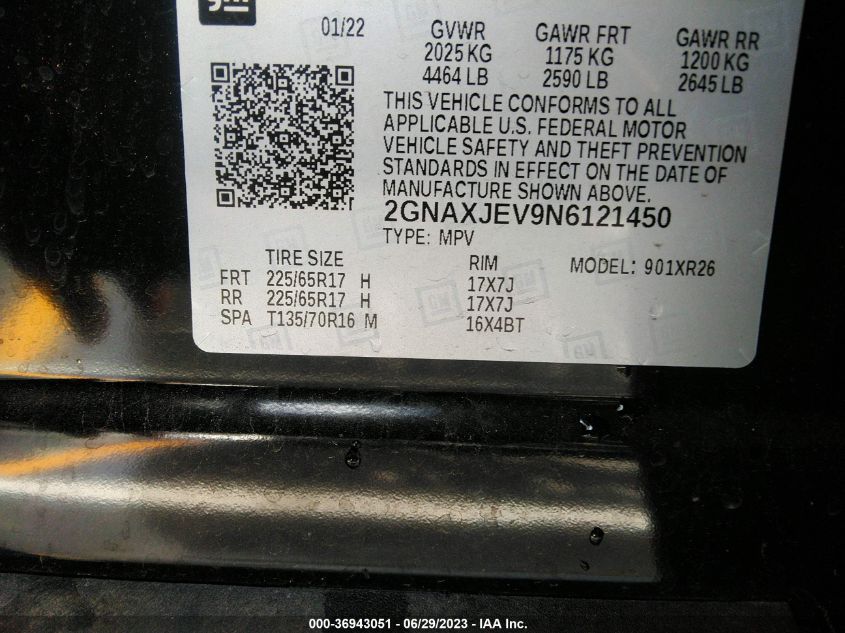 2022 CHEVROLET EQUINOX LT - 2GNAXJEV9N6121450