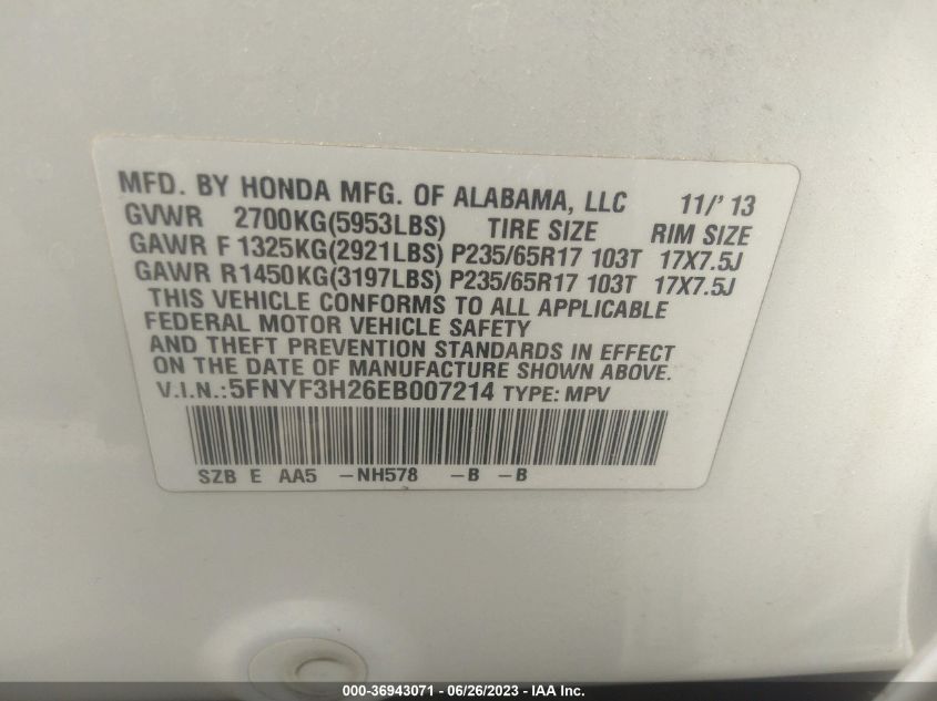 2014 HONDA PILOT LX - 5FNYF3H26EB007214